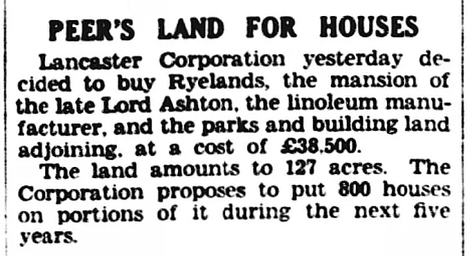 A newspaper clipping descibing the sale of Rylands House in 1931