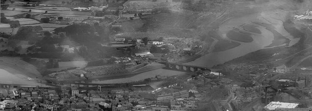 A section of an 1933 aerial photo of Skerton, showing the bridge and the area of Owen Road and Morecambe Road with Ryelands hidden away. The photo shows the open land and surrounding trees which characterised area until the estates were built
