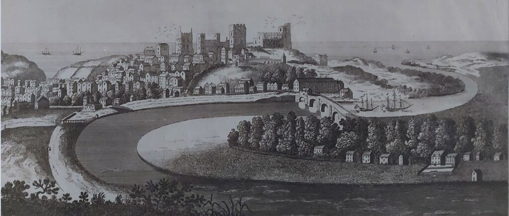 A section from Alexander Hoggs's 1786 engraving "View of Lancaster in Lancashire", with the future site of Ryelands in the foreground to the right of the bend in the river