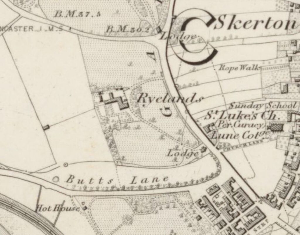 Ryelands House as it appeared on the Ordnance Survey map surveyed in 1845