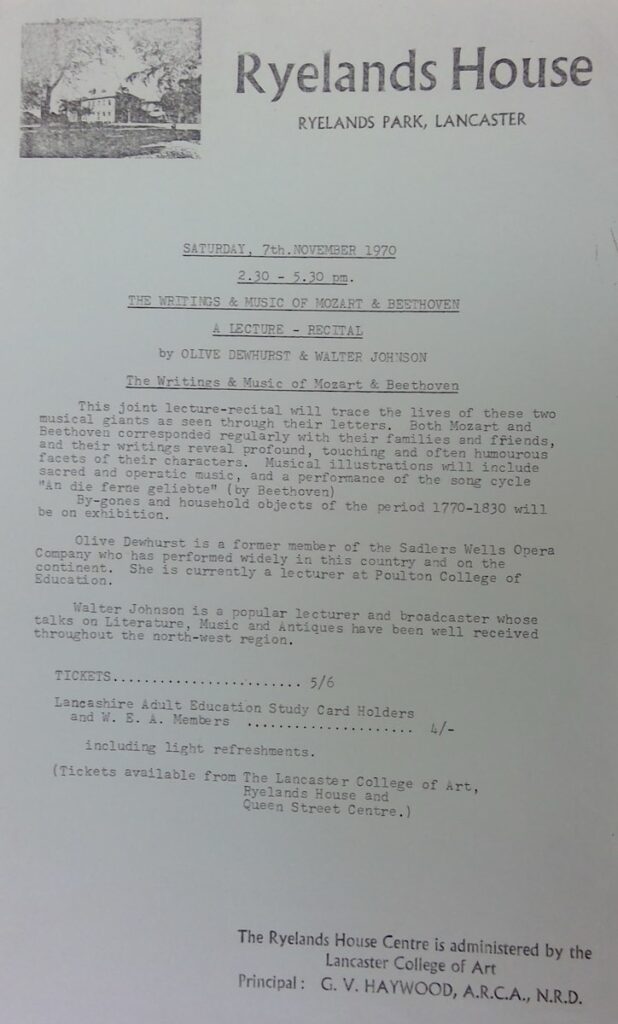 A notice for one of the music lectures offered at Ryelands by the WEA in 1970