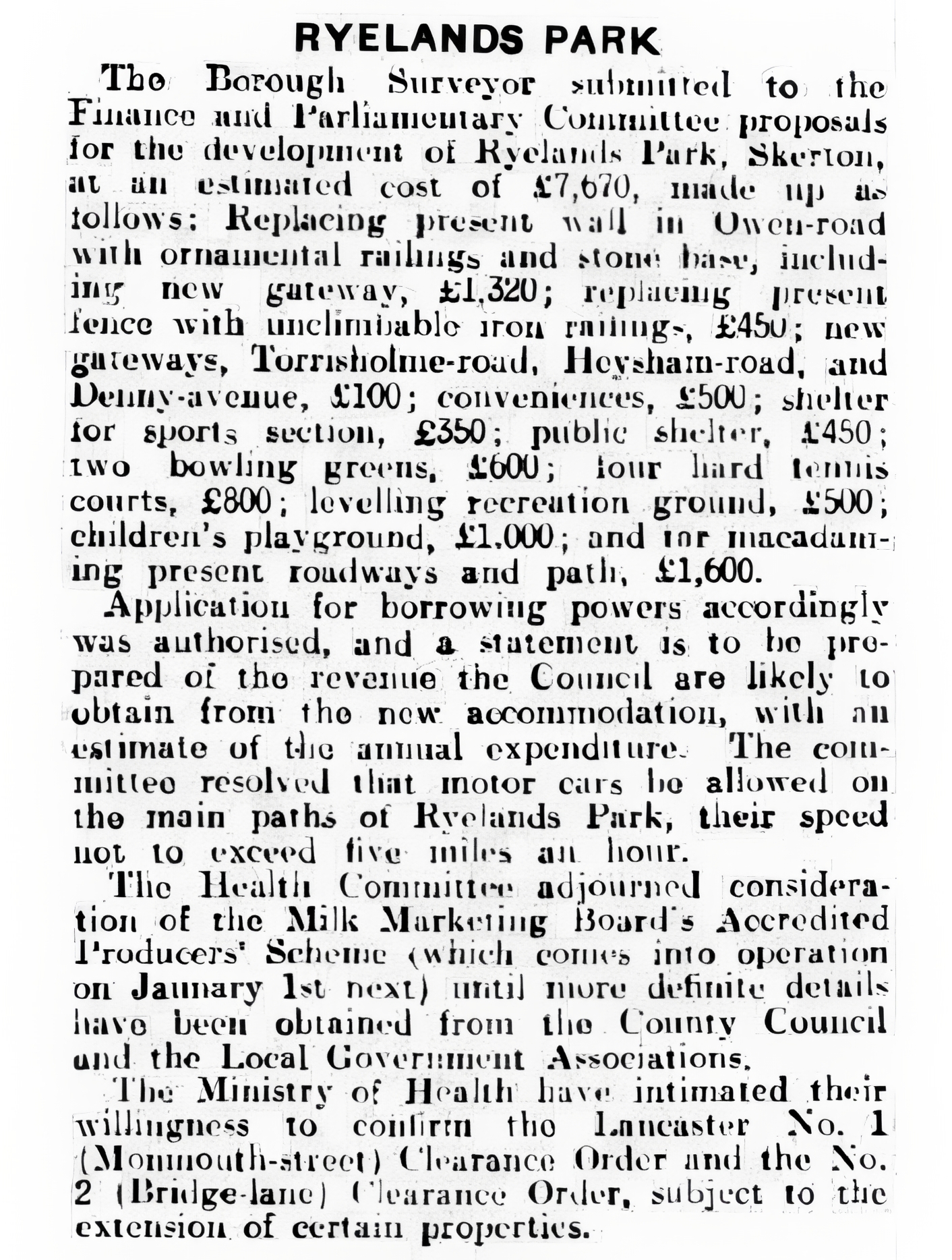 A report in the Lancashire Evening Post dated 31st October 1934, outlining a plan and costs of work at Ryelands House and the surrounding park